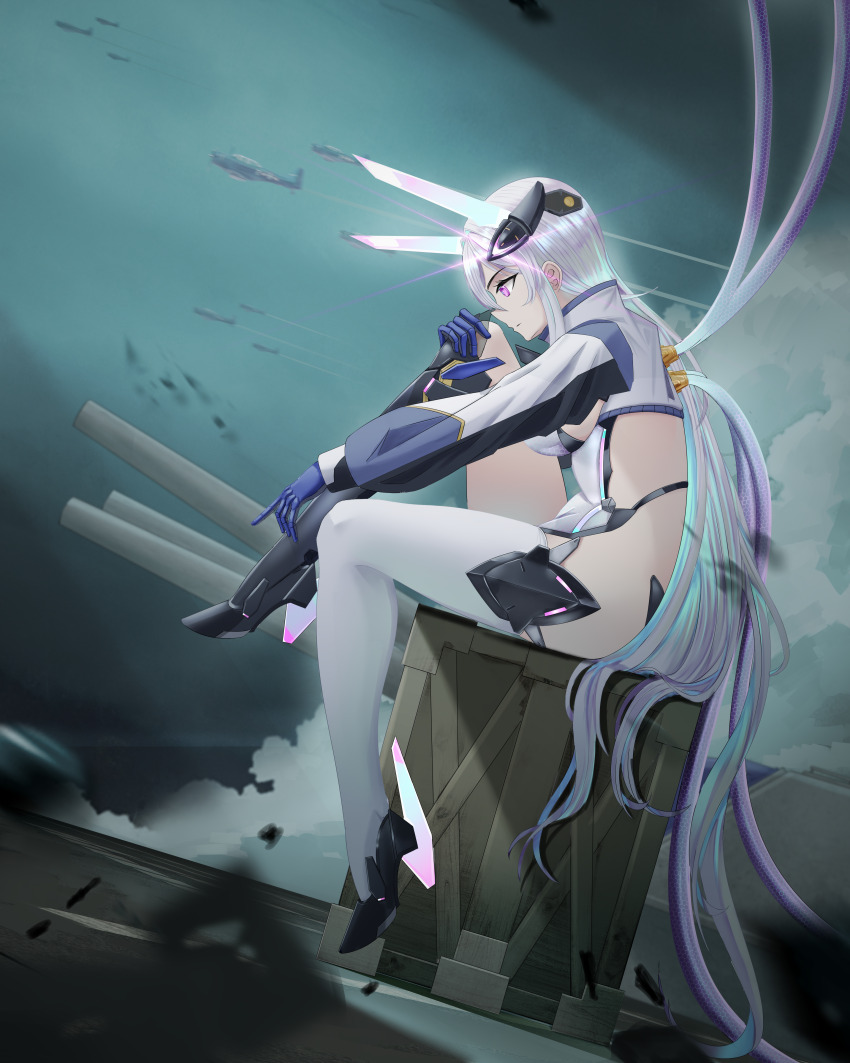 1girl, absurdres, aircraft, airplane, aqua_pupils, artknight045, asymmetrical_legwear, azur_lane