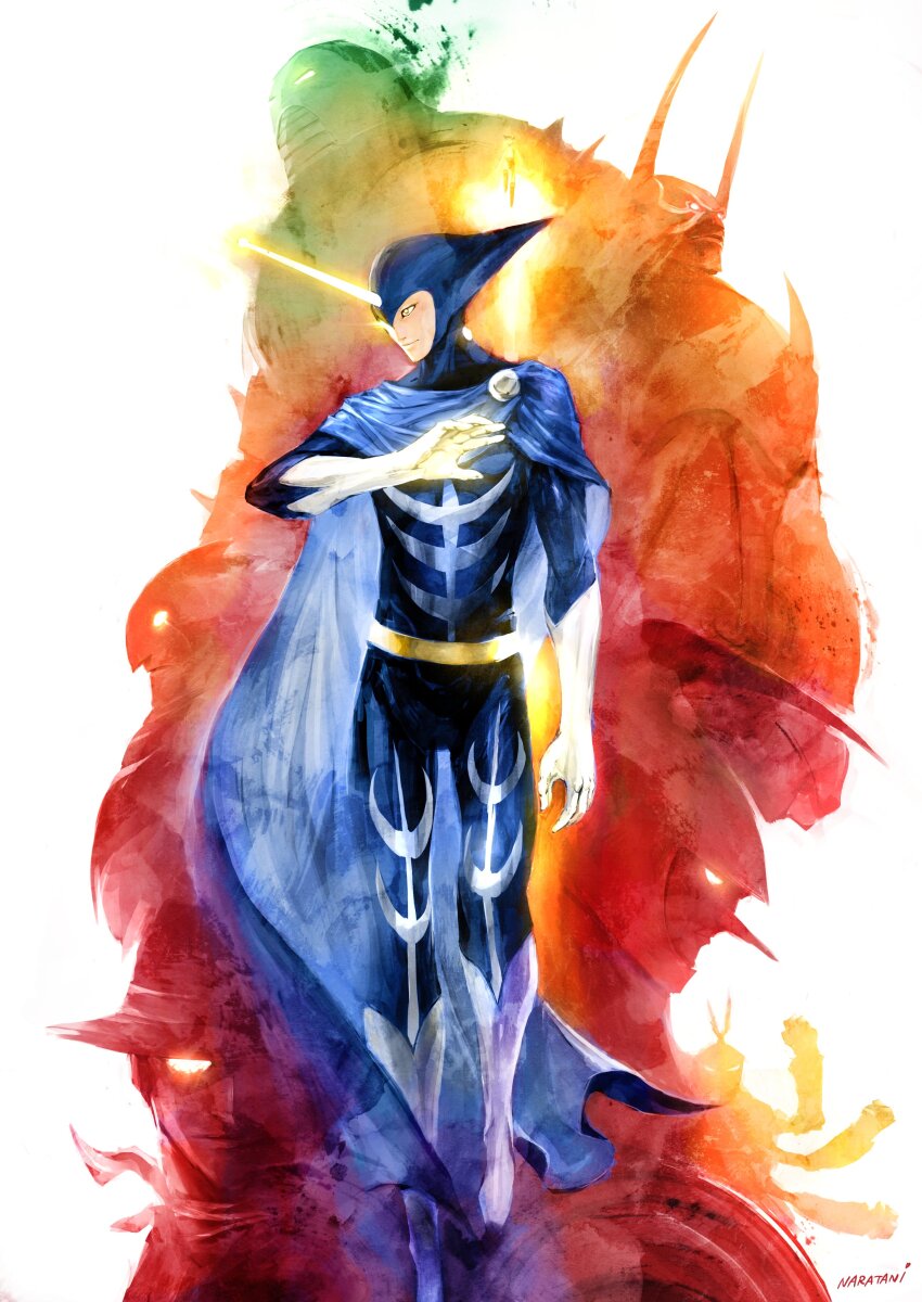 absurdres, android, artist_name, belt, black_bodysuit, blue_cape, bodysuit, boots