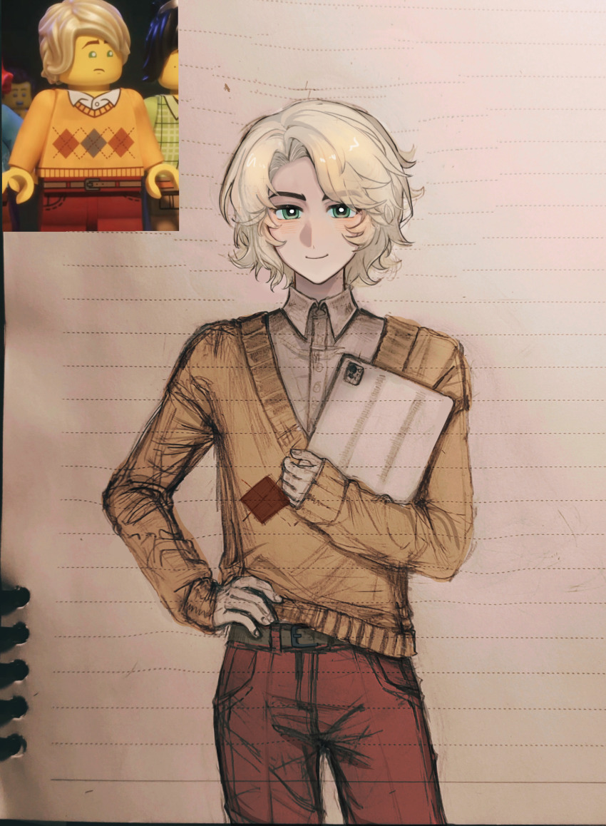 1boy, animification, belt, black_belt, blonde_hair, chinese_commentary, closed_mouth, collared_shirt