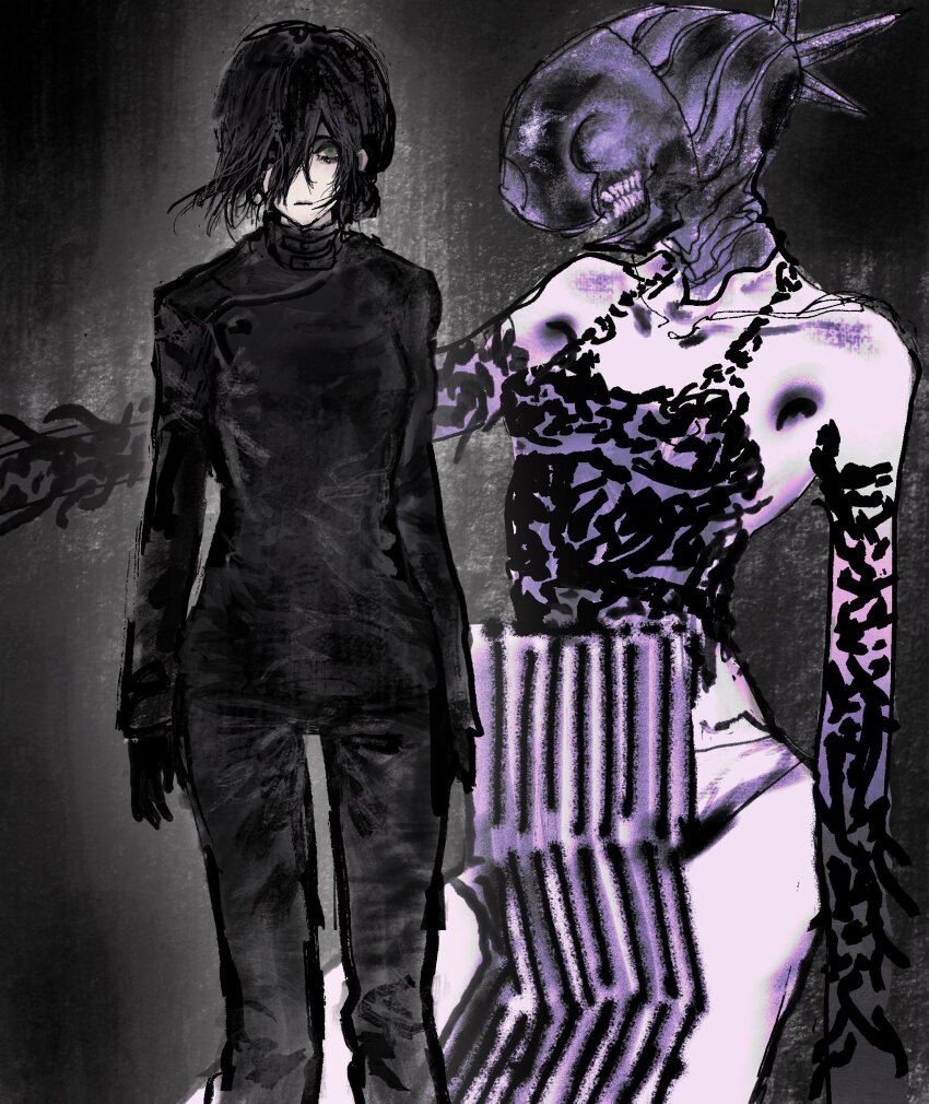 1girl, absurdres, armpit_crease, bare_shoulders, black_background, black_gloves, black_jumpsuit, black_tank_top