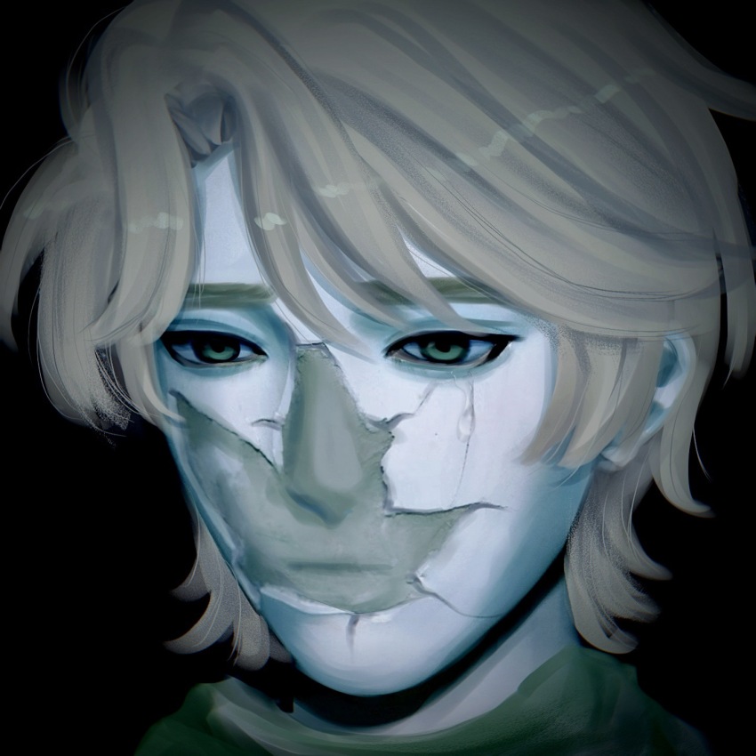 1boy, animification, bags_under_eyes, black_background, blank_stare, blonde_hair, chinese_commentary, closed_mouth, commentary, cracked_skin, empty_eyes, expressionless, green_eyes, highres, jiechengeryin, lloyd_garmadon, madra_(album), male_focus, ninjago, portrait, simple_background, solo, swept_bangs, the_lego_group