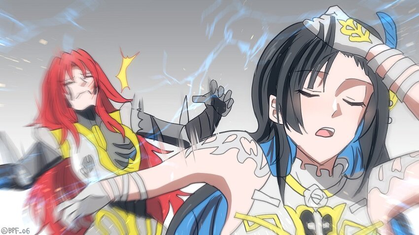 2girls, adjusting_hair, black_hair, blue_feathers, blue_hair, closed_eyes, colored_inner_hair, commissioner_name