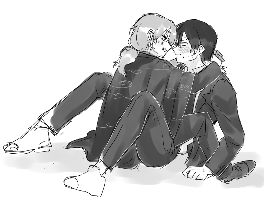 2boys, absurdres, alternate_costume, amputee, angry, annoyed, arm_support, arms_around_neck