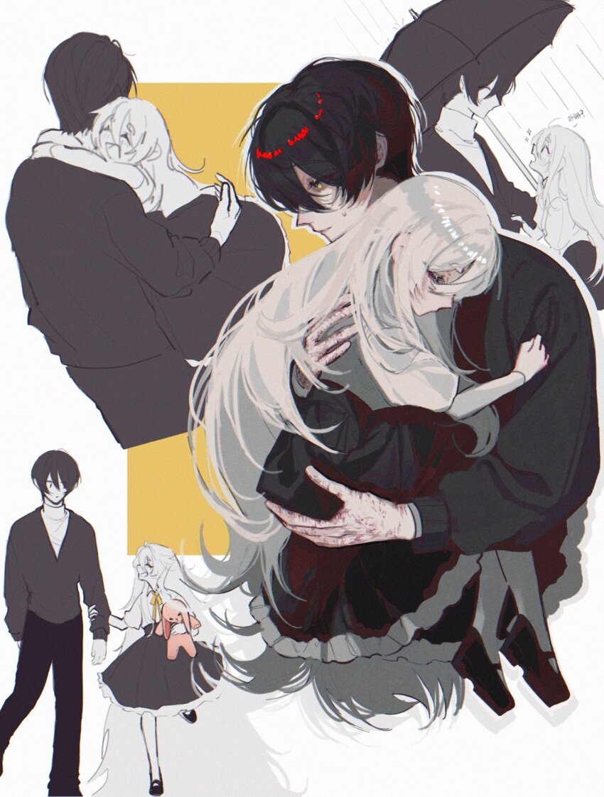 1boy, 1girl, :d, ^_^, black_hair, black_jacket, black_pants, black_shoes