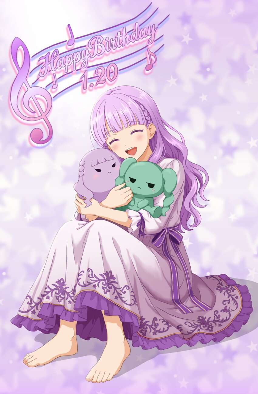 1girl, barefoot, closed_eyes, commentary_request, donguri_chitta, dress, happy, happy_birthday