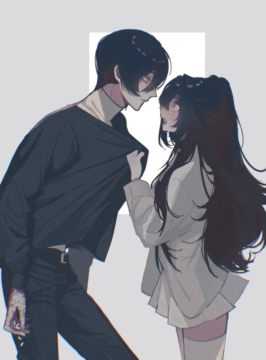1boy, 1girl, attempted_suicide, belt, black_hair, black_jacket, black_pants, black_shirt