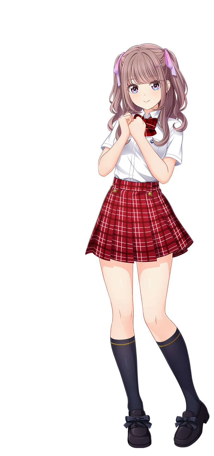 1girl, artist_request, black_shoes, black_socks, blue_eyes, bow, bowtie, brown_hair