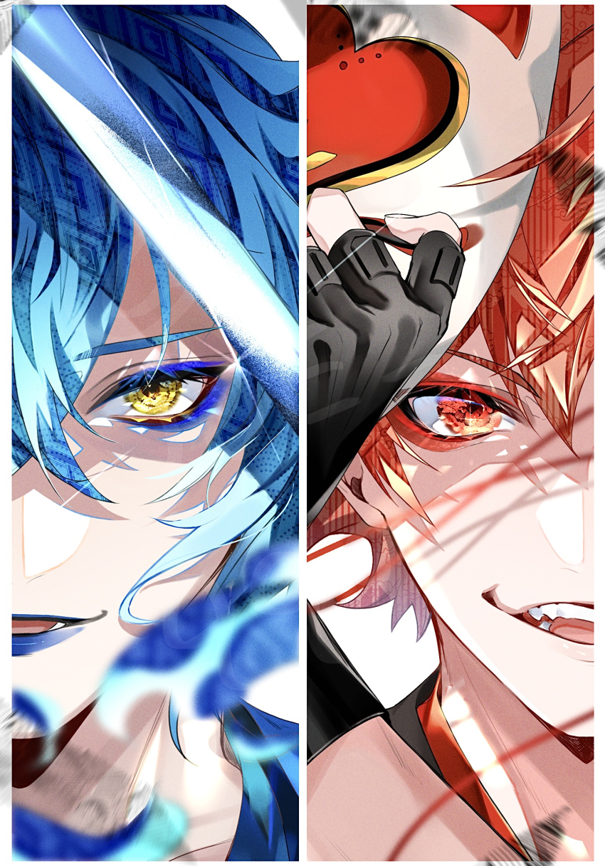 2boys, ace_trappola, ace_trappola_(new_year's_attire), black_gloves, blue_eyeshadow, blue_hair, blue_lips, blurry