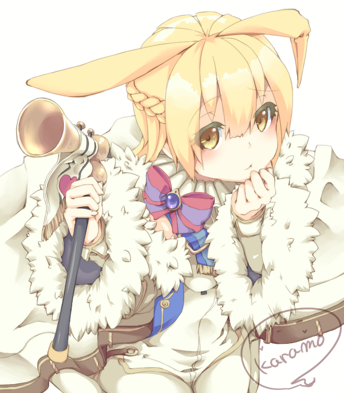 1girl, animal_ears, artist_name, blonde_hair, blush, breasts, bugle, closed_mouth