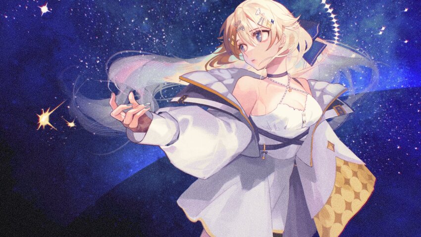 1girl, banbanjiiiiiii, bare_shoulders, black_choker, blonde_hair, blue_eyes, blue_nails, breasts