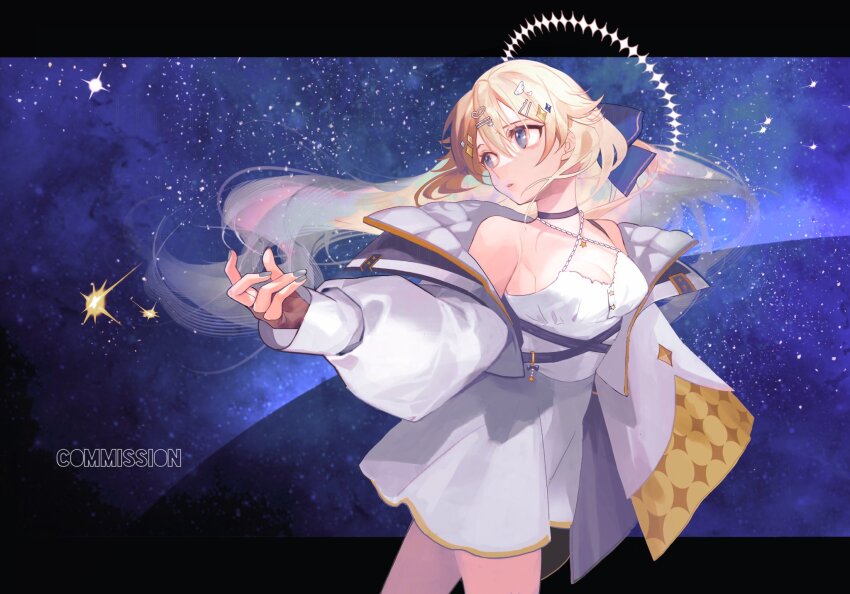 1girl, banbanjiiiiiii, bare_shoulders, black_choker, blonde_hair, blue_eyes, blue_nails, breasts