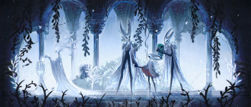 2girls, 3boys, ?, alternate_costume, alternate_height, armor, black_eyes, black_skin