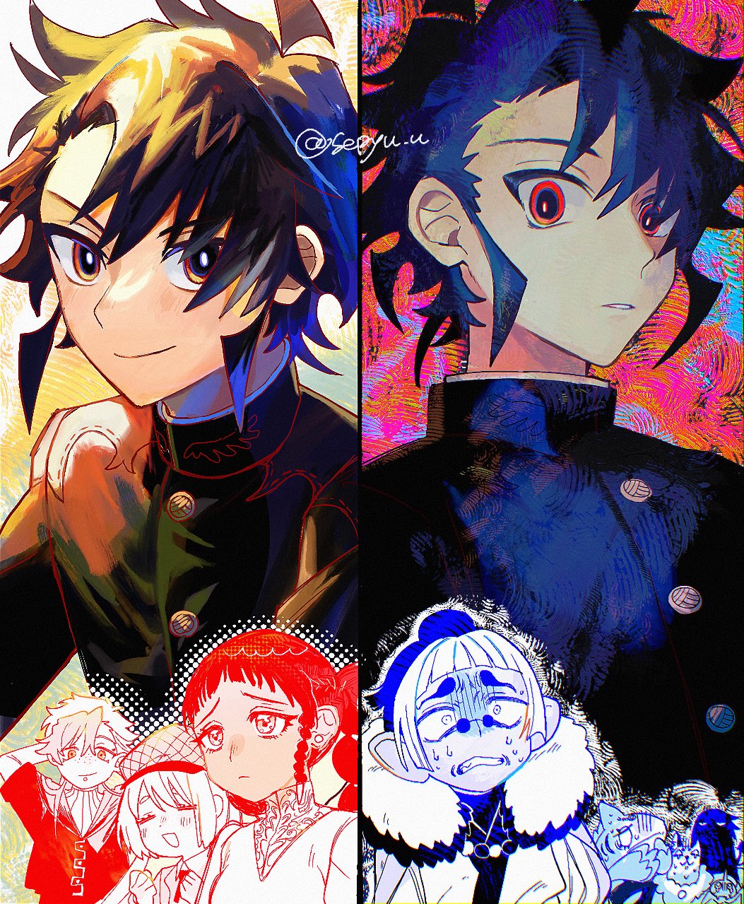 2boys, 2girls, black_hair, blush, bug, character_request, closed_mouth, commentary_request