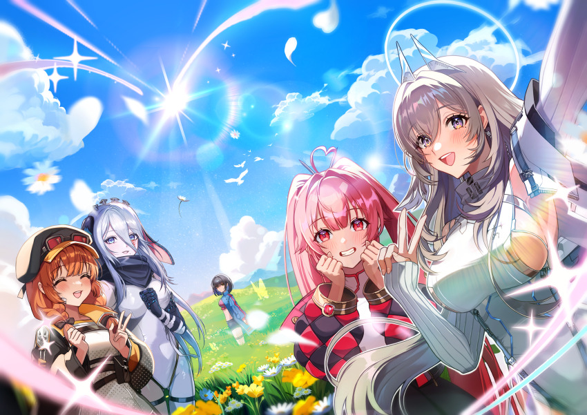 5girls, :d, absurdres, ahoge, bandaged_arm, bandages, bandeau, bare_shoulders