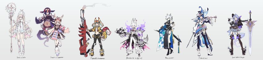 6+girls, alternate_costume, animal_ears, antlers, bare_shoulders, black_boots, black_dress, black_pants