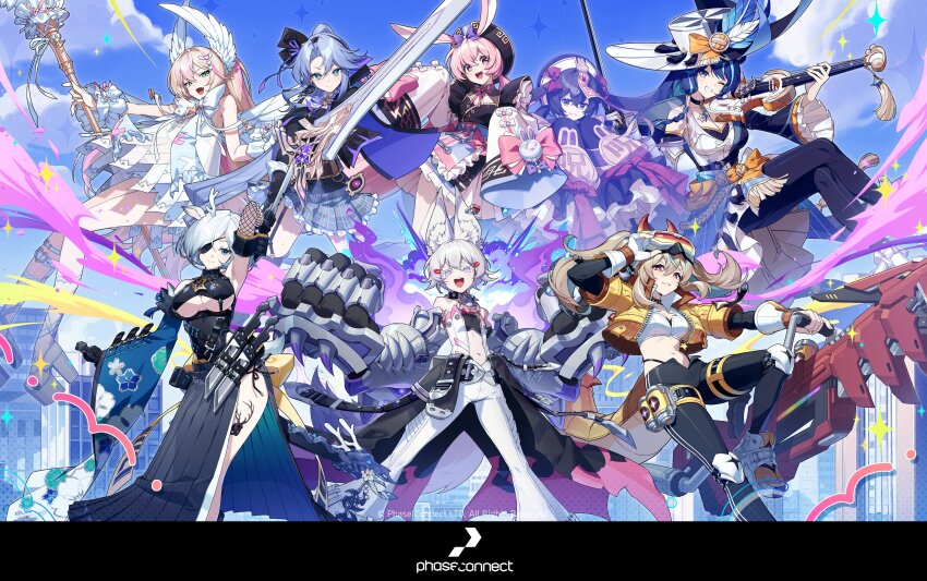 6+girls, absurdres, alternate_costume, animal_ears, antlers, bare_shoulders, black_boots, black_dress, black_pants, black_shirt, black_sleeves, blonde_hair, blue_hair, blue_skirt, blue_sky, blue_sleeves, boots, breasts, brown_hair, cleavage, commentary_request, commission, crop_top, cropped_jacket, dagger, deer_antlers, deer_ears, dress, eyepatch, feathered_wings, fox_ears, fujikura_uruka, gauntlets, ghost, giant_gauntlets, gloves, goggles, goggles_on_head, grey_hair, gun, hakushika_iori, hat, head_wings, highres, holding, holding_dagger, holding_instrument, holding_knife, holding_staff, holding_sword, holding_violin, holding_weapon, horns, huge_weapon, instrument, jacket, jiangshi, juliet_sleeves, knife, kuikui, large_breasts, long_hair, long_sleeves, medium_breasts, multicolored_dress, multiple_girls, navel, official_art, open_clothes, open_jacket, open_mouth, pants, phase_connect, phase_origins, pink_eyes, pink_hair, pipkin_pippa, plaid_clothes, plaid_skirt, puffy_sleeves, purple_eyes, purple_hair, rabbit_ears, rinkou_ashelia, sarong, shirt, shisui_michiru, shoes, short_hair, single_sleeve, skirt, sky, sleeveless, sleeveless_shirt, small_breasts, staff, sword, tail, tenma_maemi, thigh_boots, twintails, underboob, utatane_nasa, violin, virtual_youtuber, weapon, white_boots, white_dress, white_gloves, white_hair, white_hat, white_pants, white_shirt, white_shoes, white_sleeves, white_wings, wide_brim, wide_sleeves, wings, yellow_eyes, yellow_jacket, yellow_shoes