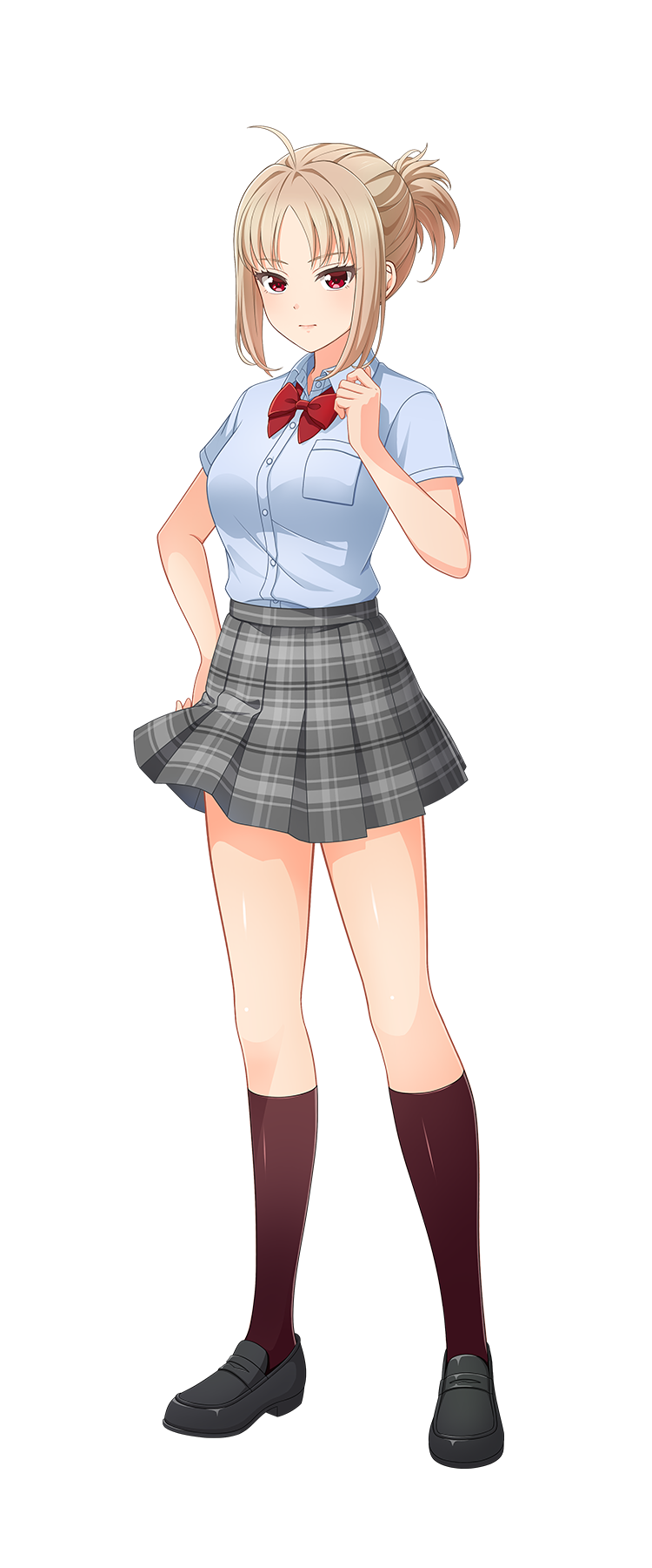 1girl, ahoge, artist_request, black_shoes, blonde_hair, blue_shirt, bow, bowtie