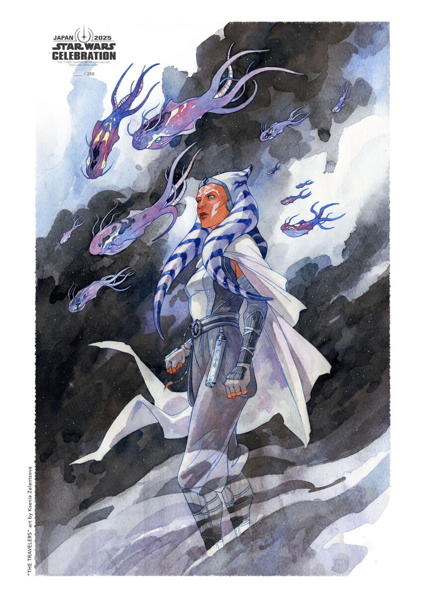 1girl, 2025, ahsoka_tano, alien, blue_eyes, border, breasts, cape, clenched_hands, commentary, copyright_logo, dark-skinned_female, dark_skin, english_commentary, english_text, fingerless_gloves, gloves, highres, ksenia_zelentsova, logo, outside_border, purrgil, small_breasts, solo, star_wars, star_wars:_ahsoka, togruta, white_border, white_cape