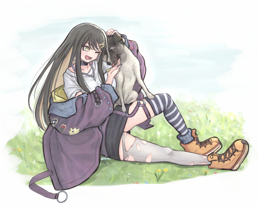 1girl, asymmetrical_legwear, bang_dream!, bang_dream!_our_notes, black_choker, black_hair, black_nails, brown_hair