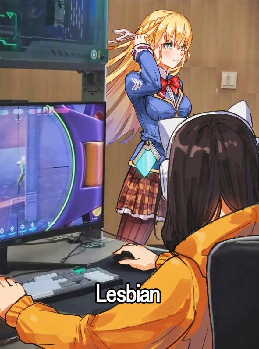 2girls, asakura_karen_(heaven_burns_red), black_hair, blonde_hair, blue_jacket, bow, braid, commentary, green_eyes, half_up_braid, heaven_burns_red, highres, hood, hooded_jacket, jacket, long_hair, long_sleeves, meme, multiple_girls, pantyhose, photo_background, playing_games, red_bow, ribbon, sail_678, untranslatable_commentary, toujou_tsukasa, white_ribbon, yuri