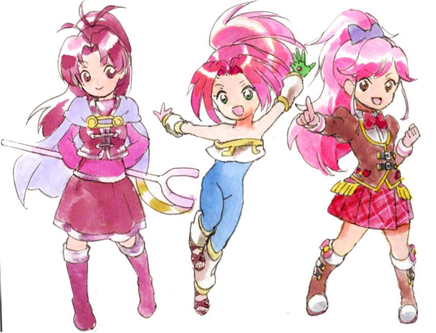 3girls, bare_shoulders, brown_eyes, cape, character_request, closed_mouth, color_connection, commentary_request