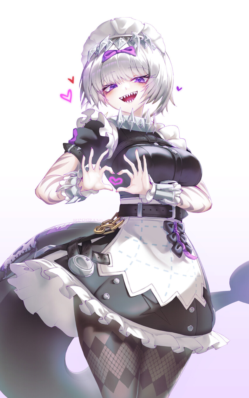 1girl, :d, absurdres, apron, arm_tattoo, black_dress, black_pantyhose, bow, breasts, commentary, cosplay, dress, ellen_joe, ellen_joe_(cosplay), fins, fish_tail, four-finger_heart_hands, hair_bow, heart, heart_hands, highres, kira_(project_moon), limbus_company, maid, maid_apron, maid_headdress, medium_breasts, open_mouth, pantyhose, project_moon, purple_bow, purple_eyes, rpg_(ram), shark_tail, sharp_teeth, short_hair, smile, solo, tail, tattoo, teeth, white_apron, white_hair, white_headdress, wrist_cuffs, zenless_zone_zero