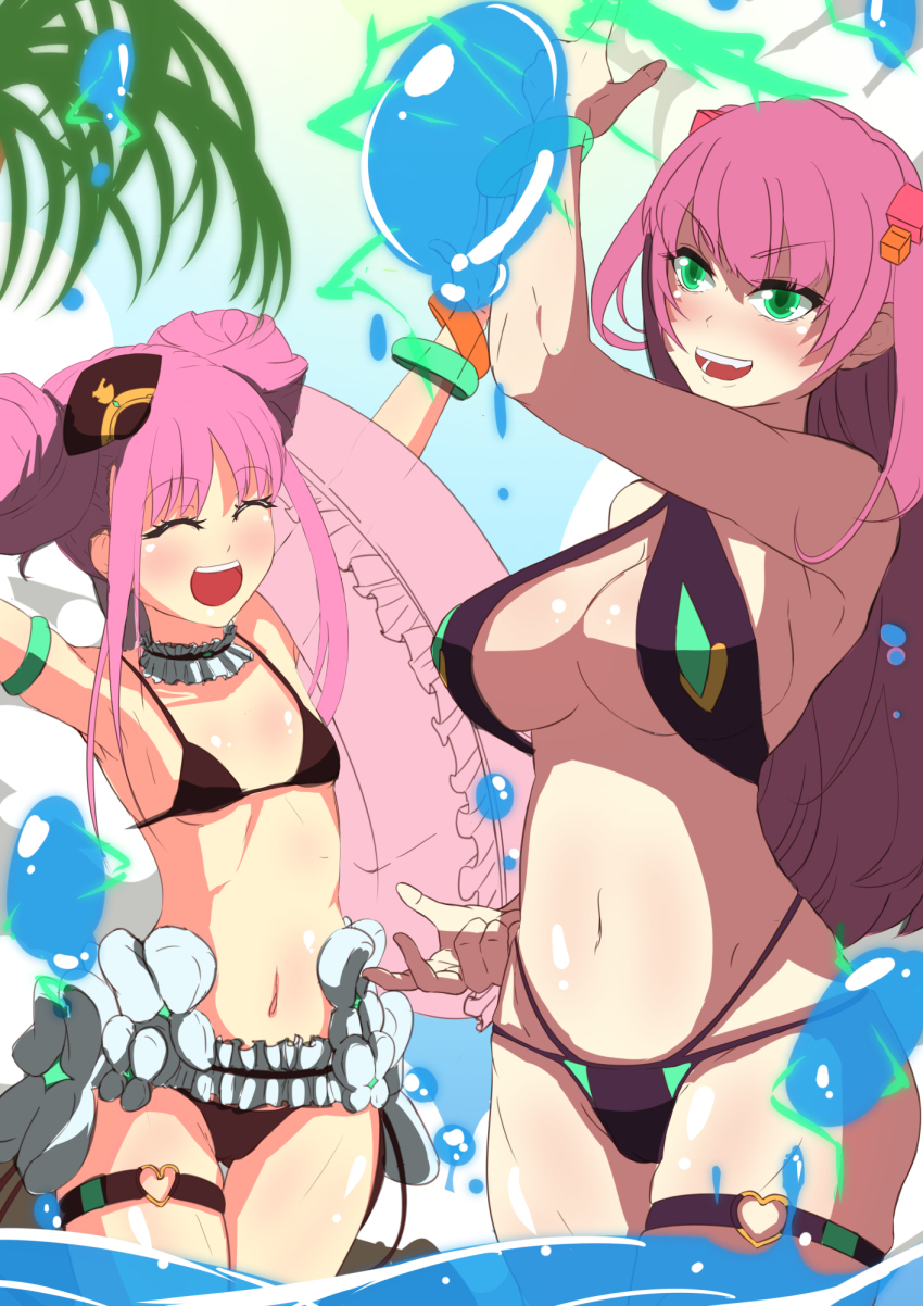 2girls, aikawa_megumi, asakura-siki, balloon, breasts, commentary_request, double_bun, green_eyes