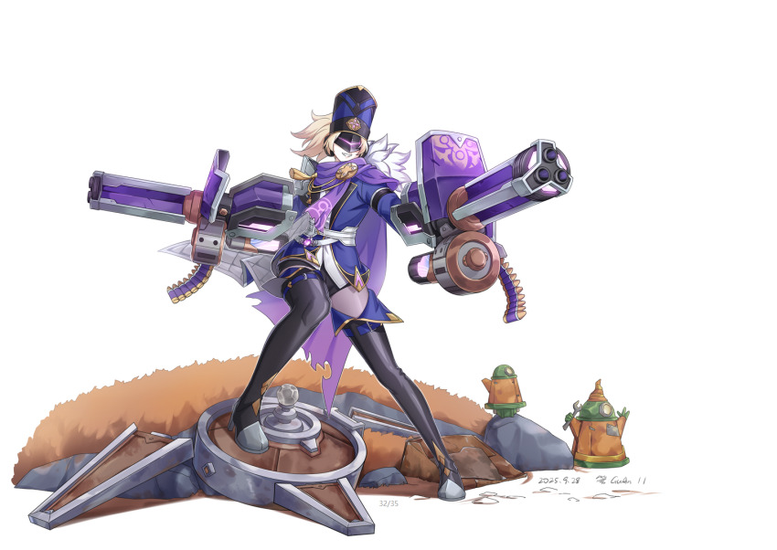 artist_request, black_boots, black_shorts, blonde_hair, blue_hat, blue_jacket, boots, breasts