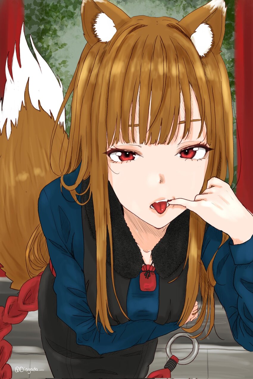 1girl, animal_ear_fluff, animal_ears, black_skirt, black_vest, blue_shirt, breasts, brown_hair