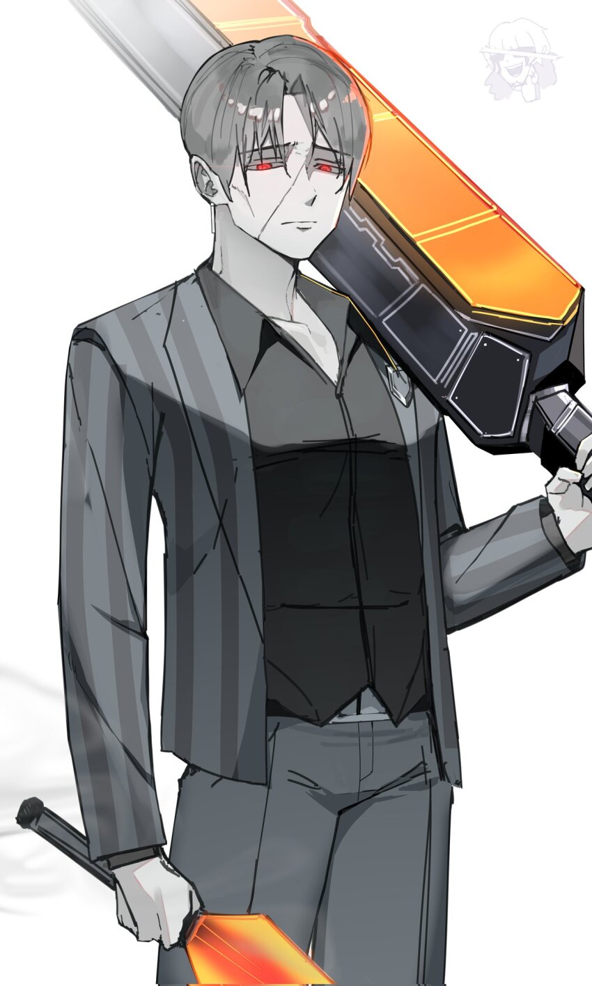 2boys, black_shirt, commentary_request, cowboy_shot, dual_wielding, earrings, expressionless, glowing