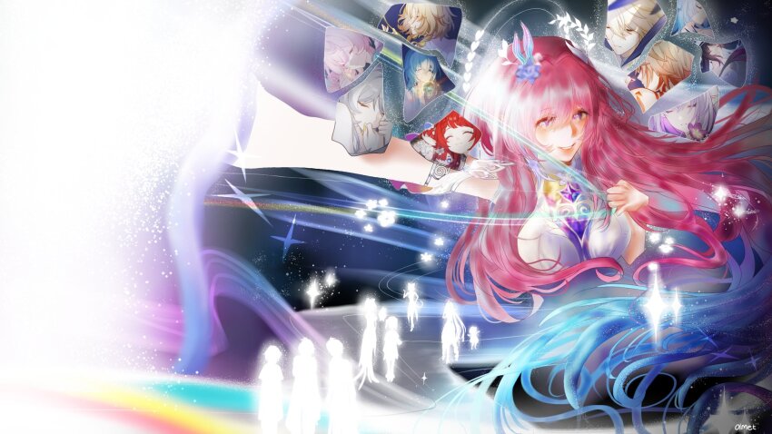 3boys, 6+girls, aglaea_(honkai:_star_rail), amphoreus_(honkai:_star_rail), anaxa_(honkai:_star_rail), blonde_hair, blue_hair, breasts