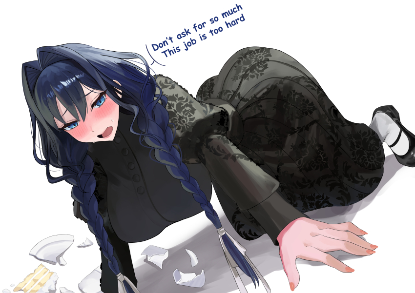 1girl, absurdres, all_fours, arched_back, ass, black_dress, black_hair, black_shoes