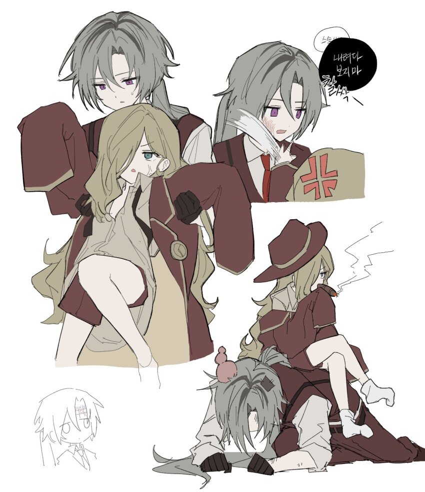 1boy, 1girl, aged_down, anger_vein, blue_eyes, brown_hair, cigar, coat