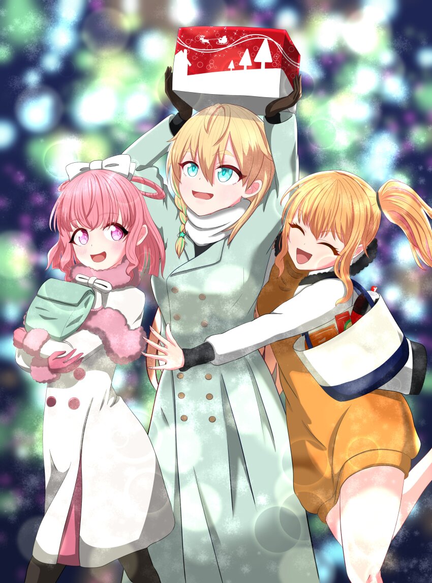 3girls, absurdres, aqua_coat, aqua_eyes, aqua_hair, arms_up, bag, blonde_hair