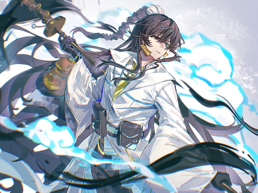 1boy, arknights, black_eyes, black_gloves, black_hair, blue_eyes, chinese_clothes, commentary_request