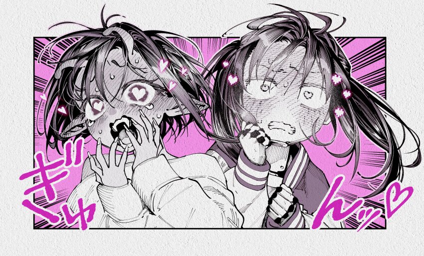 2girls, absurdres, antennae, blush, clenched_teeth, commentary_request, dashed_eyes, eyelashes