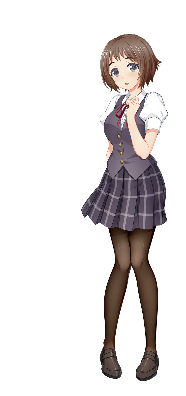 1girl, arm_behind_back, artist_request, black_eyes, black_skirt, black_vest, brown_hair, brown_pantyhose