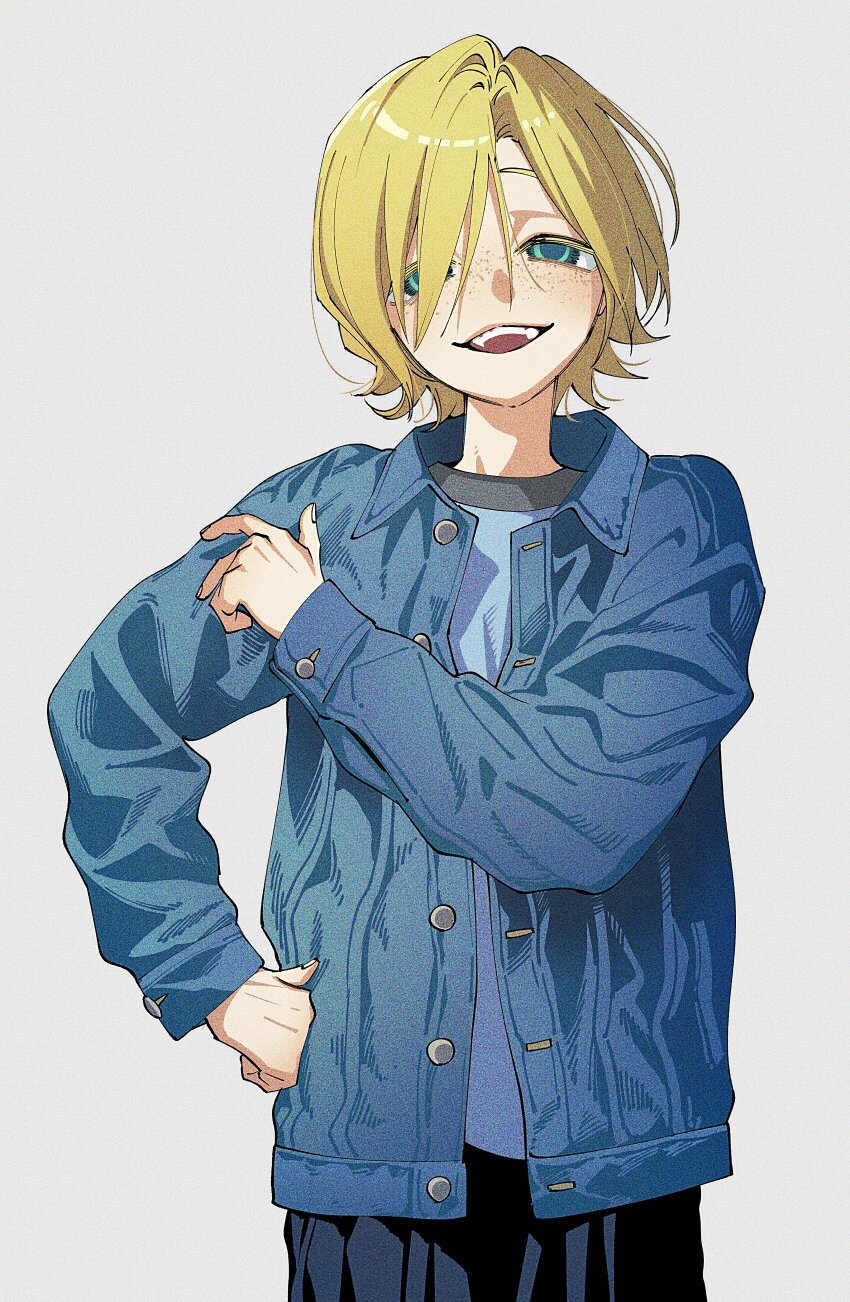 1boy, absurdres, blonde_hair, blue_eyes, blue_jacket, blue_shirt, commentary_request, denim, denim_jacket, freckles, grey_background, hair_between_eyes, hair_over_one_eye, hand_on_own_hip, highres, jacket, long_sleeves, looking_at_viewer, male_focus, max_mccalister, milky_subway, open_clothes, open_mouth, open_shirt, shirt, simple_background, solo, su5ooo, teeth, upper_teeth_only