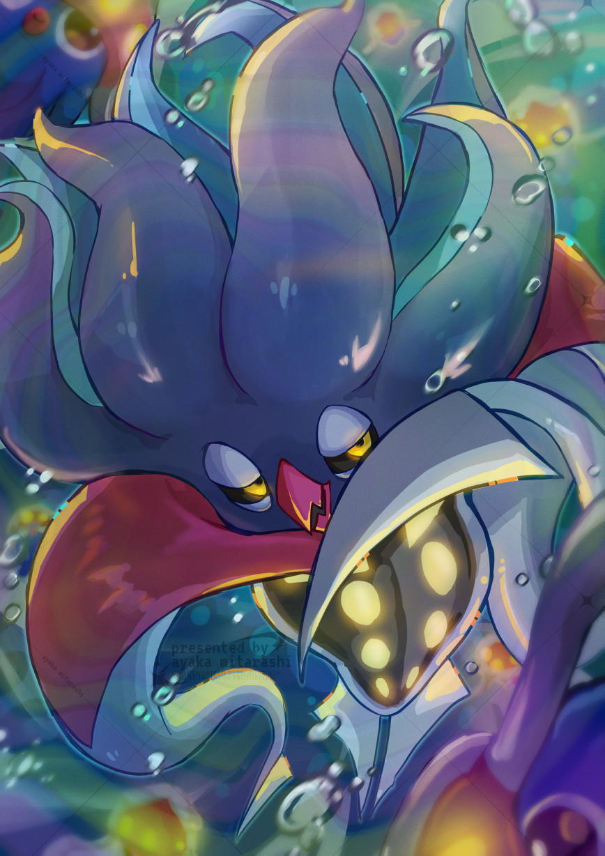 air_bubble, ayaka_mitarashi, beak, black_sclera, bubble, colored_sclera, commentary_request, gen_6_pokemon