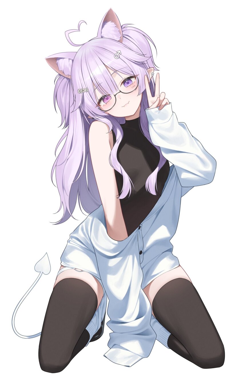 1boy, :3, ahoge, animal_ears, bare_shoulders, between_legs, black_shirt, black_thighhighs