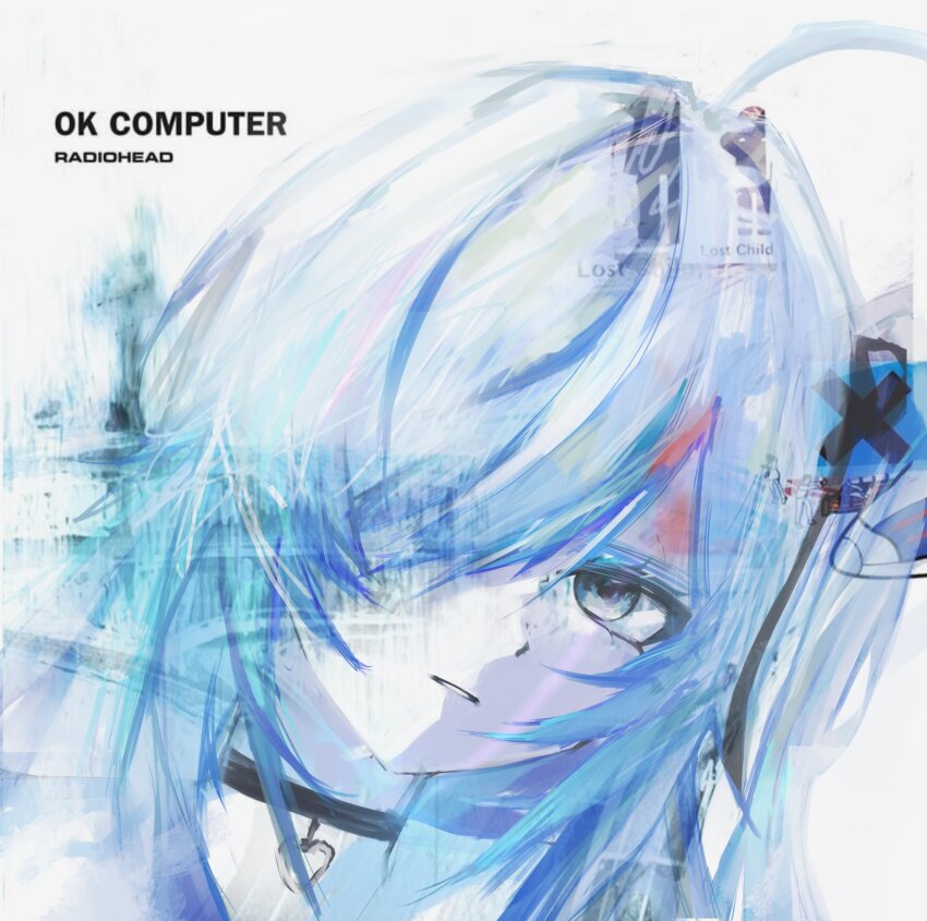 1girl, absurdres, ahoge, album_cover_redraw, black_choker, choker, derivative_work, hair_over_one_eye, highres, hololive, hololive_english, long_hair, looking_at_viewer, nanashi_mumei, nanashi_mumei_(emo), ok_computer, parted_lips, portrait, radiohead_(band), saltdcrmell, side_ponytail, solo, virtual_youtuber, white_background