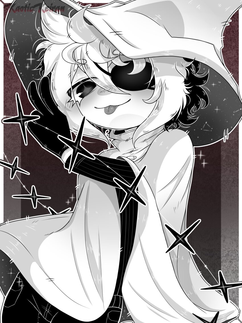 :p, absurdres, commentary, covered_face, english_commentary, eyepatch, hat, highres, in_stars_and_time, kaotickeiran, large_hat, looking_at_viewer, siffrin_(in_stars_and_time), tongue, tongue_out, wizard_hat