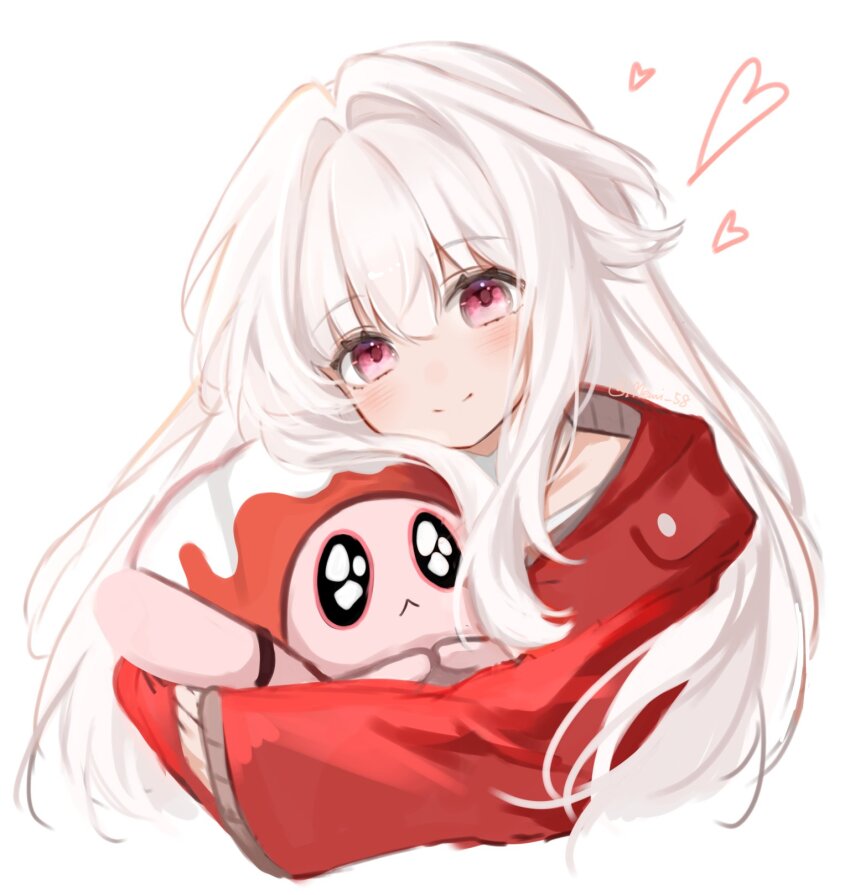 1girl, animal, animal_hug, clara_(honkai:_star_rail), clara_(pure_sugar_child)_(honkai:_star_rail), closed_mouth, commentary_request, hair_between_eyes