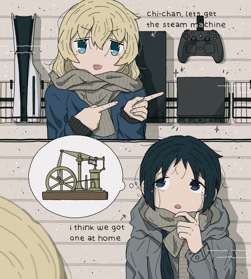 2girls, :d, aqua_eyes, black_hair, blonde_hair, blue_eyes, blue_jacket, blue_sweater