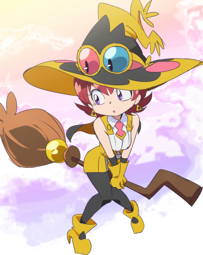 1girl, black_hat, black_pantyhose, boots, broom, broom_riding, commentary_request, earrings