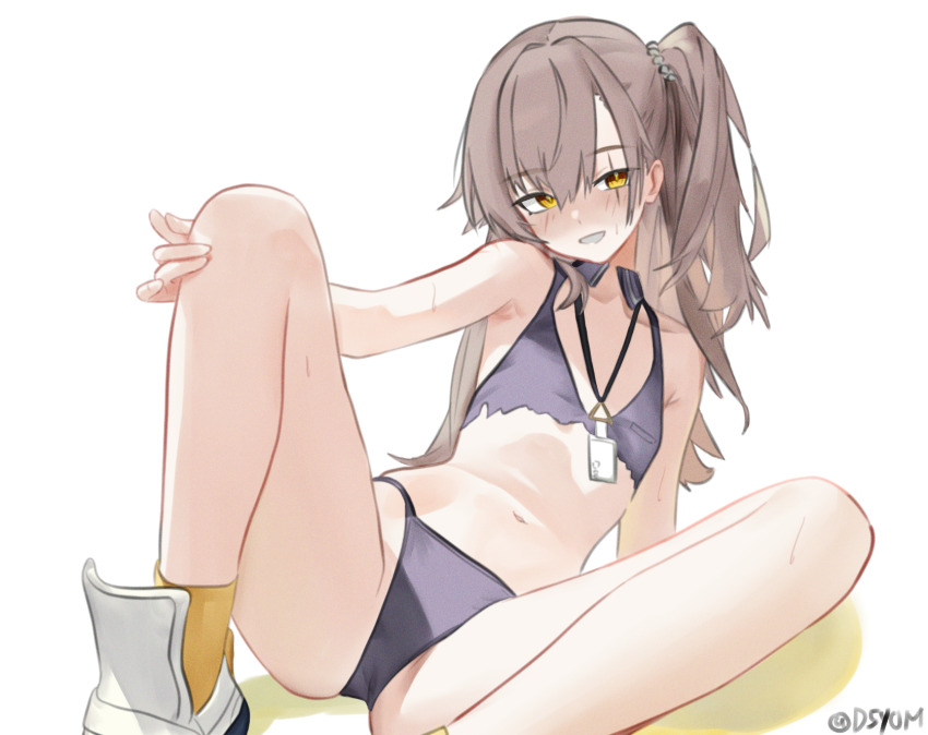1girl, ankle_socks, ass, bikini, black_bow, black_shirt, blush, bow, brown_hair, collared_shirt, commentary, crop_top, cropped_shirt, d5y0m, flat_chest, full_body, girls'_frontline, girls'_frontline_2:_exilium, hair_between_eyes, highleg, highleg_bikini, highres, leva_(girls'_frontline_2), leva_(sultry_tempo)_(girls'_frontline_2), long_hair, looking_at_viewer, navel, one_side_up, open_mouth, scar, scar_across_eye, scar_on_face, shadow, shirt, shoes, sidelocks, simple_background, sleeveless, sleeveless_shirt, smile, socks, solo, spread_legs, swimsuit, teeth, thighs, torn_clothes, torn_shirt, twitter_username, ump45_(girls'_frontline), v-neck, white_background, white_shoes, yellow_eyes, yellow_socks