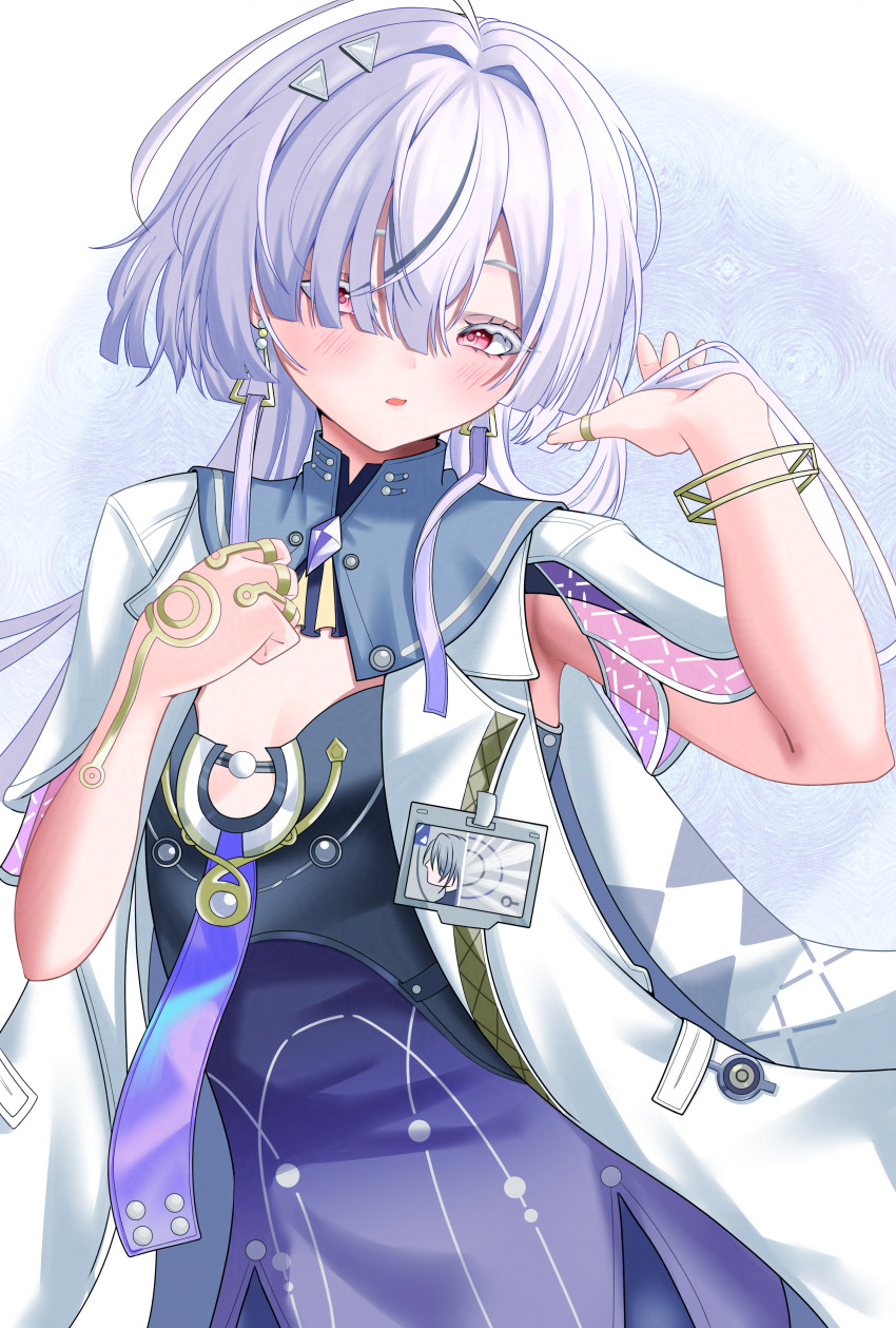 1girl, absurdres, breasts, colored_eyelashes, commentary, dress, earrings, grey_hair