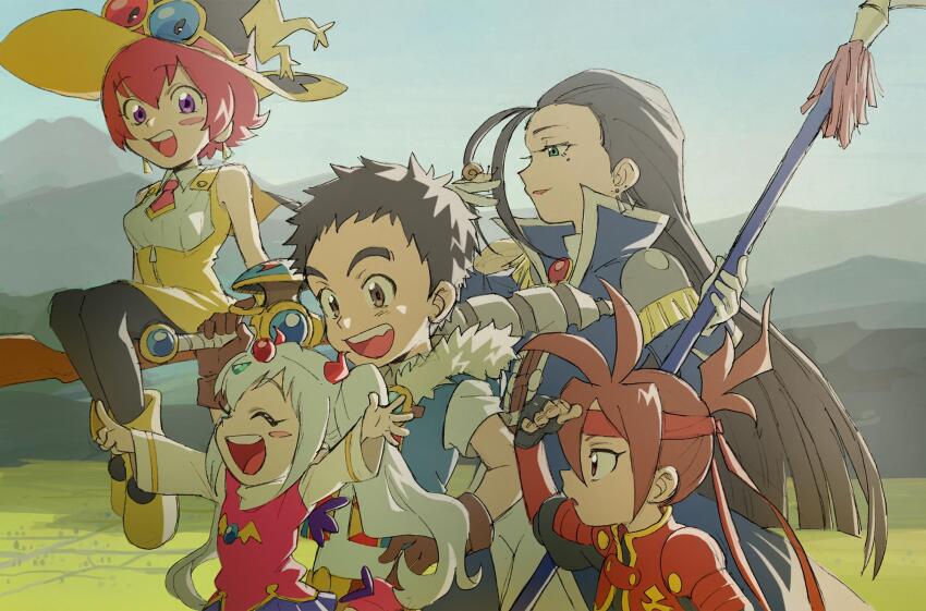 2girls, 3boys, black_pantyhose, broom, broom_riding, brown_eyes, brown_gloves, commentary_request, dress, earrings, feylin, gloves, hagan, hat, headband, highres, holding, holding_polearm, holding_weapon, jewelry, kibamaru, mole, mole_under_eye, multiple_boys, multiple_girls, nagare_(tanken_driland), outdoors, pantyhose, polearm, purple_eyes, rakikoko, red_hair, red_headband, tanken_driland, tanken_driland:1000-nen_no_mahou, triangle_earrings, twintails, weapon, white_hair, witch_hat, yellow_dress