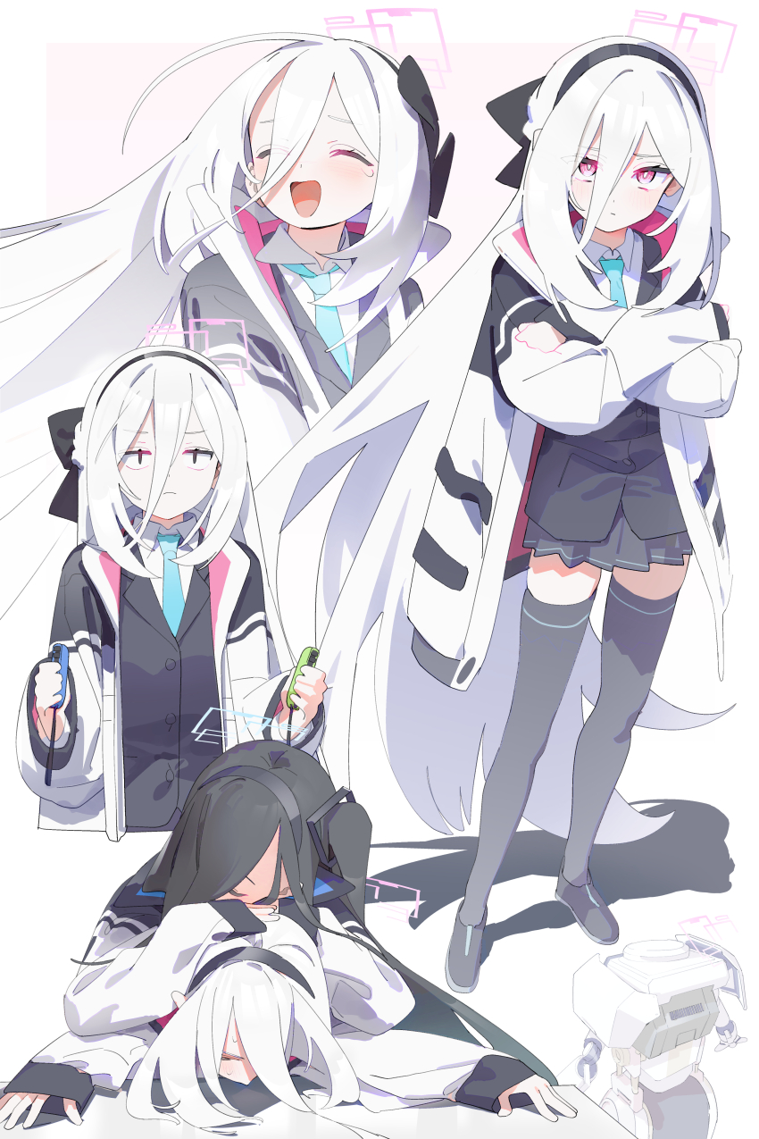 2girls, ^_^, absurdres, ahoge, aris_(blue_archive), black_hair, black_jacket, black_skirt