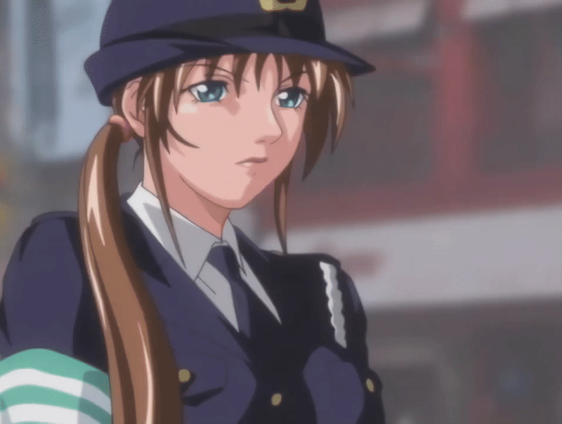 00s, 1girl, 2008, animated, animated_gif, anime_screenshot, aqua_eyes, armband, bible_black, bible_black:_restored, blue_hat, blue_jacket, blue_necktie, breasts, brown_hair, collared_shirt, female_service_cap, gloves, green_eyes, hat, imari_kurumi, jacket, japan_national_police, large_breasts, lipstick, long_hair, makeup, military_jacket, military_uniform, necktie, pointing, police, police_hat, police_uniform, policewoman, ponytail, shirt, side_ponytail, tagme, white_gloves, white_shirt